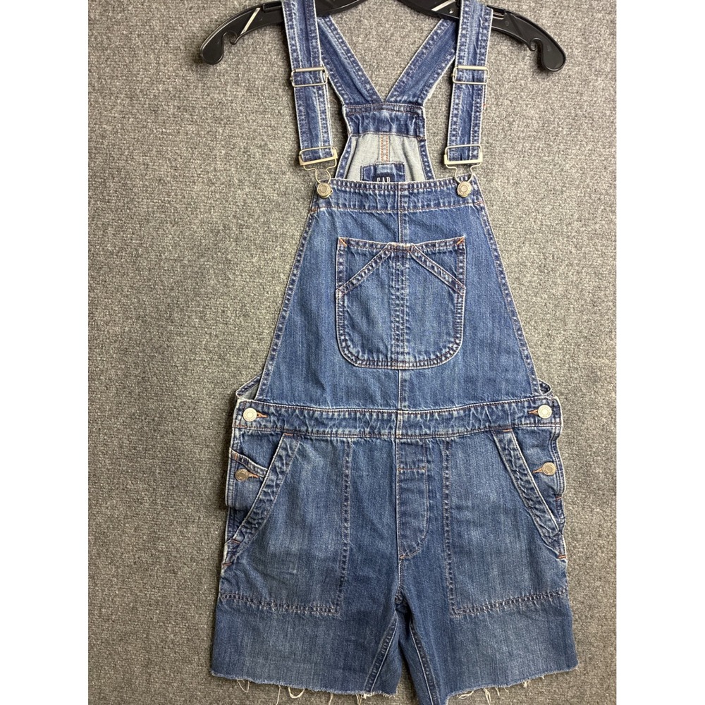 GAP‎ Denim Shortalls Overalls Medium Wash Raw Hem XS Blue Jean Romper